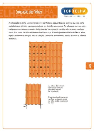 1 2 3 4 5 6 7 8 9
10 14 18 22 26 30
11 15 19 23 27 31
12 16 20 24 28
13 17 21 25 29
90º
As telhas devem ser
colocadas com um
pequeno ângulo
de inclinação.
Para correto alinhamento,
verificar se os dois pinos
da telha estão encaixados
na ripa.
19
Colocação das Telhas
A colocação da telha Mediterrânea deve ser feita da esquerda para a direita ou pela parte
mais baixa do telhado e prosseguindo se em direção à cumeeira. As telhas devem ser colo-
cadas com um pequeno angulo de inclinação, para garantir perfeito alinhamento, verificar
se os dois pinos da telha estão encaixados na ripa. Caso haja necessidade de fixar a telha
o pré furo define a posição para a furação. Conferir o alinhamento a cada 3 fiadas e 3 faixas
de telhas.
 