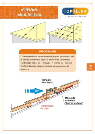 IMPORTANTE
O desempenho das telhas de ventilação para neutralizar o efei-
to térmico na cobertura pode ser ampliado se utilizarmos a
combinação telha de ventilação + manta de alumínio
TopTelha. Barreira eficaz no combate ao aquecimento da
cobertura.
25
Instalação de
Telha de Ventilação
Transmissão
de calor
Manta de
Alumínio
“barreira eficaz”
Telha de
Ventilação
Ar
 