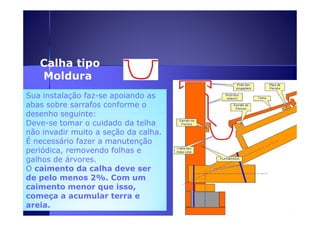 Calha tipo 
Moldura 
Sua instalação faz-se apoiando as 
abas sobre sarrafos conforme o 
ddeesseennhhoo sseegguuiinnttee:: 
Deve-se tomar o cuidado da telha 
não invadir muito a seção da calha. 
É necessário fazer a manutenção 
periódica, removendo folhas e 
galhos de árvores. 
O caimento da calha deve ser 
de pelo menos 2%. Com um 
caimento menor que isso, 
começa a acumular terra e 
areia. 
 