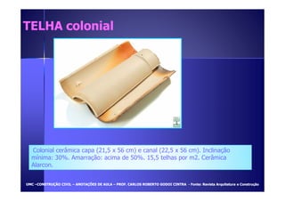 TTEELLHHAA ccoolloonniiaall 
Colonial cerâmica capa (21,5 x 56 cm) e canal (22,5 x 56 cm). Inclinação 
mínima: 30%. Amarração: acima de 50%. 15,5 telhas por m2. Cerâmica 
Alarcon. 
UUMMCC –CCOONNSSTTRRUUÇÇÃÃOO CCIIVVIILL – AANNOOTTAAÇÇÕÕEESS DDEE AAUULLAA – PPRROOFF.. CCAARRLLOOSS RROOBBEERRTTOO GGOODDOOII CCIINNTTRRAA - FFoonnttee:: RReevviissttaa AArrqquuiitteettuurraa ee CCoonnssttrruuççããoo 
 