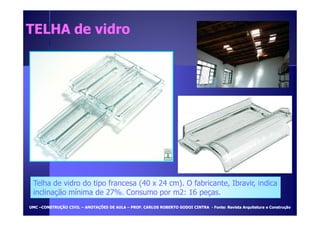 TTEELLHHAA ddee vviiddrroo 
Telha de vidro do tipo francesa (40 x 24 cm). O fabricante, Ibravir, indica 
inclinação mínima de 27%. Consumo por m2: 16 peças. 
UUMMCC –CCOONNSSTTRRUUÇÇÃÃOO CCIIVVIILL – AANNOOTTAAÇÇÕÕEESS DDEE AAUULLAA – PPRROOFF.. CCAARRLLOOSS RROOBBEERRTTOO GGOODDOOII CCIINNTTRRAA - FFoonnttee:: RReevviissttaa AArrqquuiitteettuurraa ee CCoonnssttrruuççããoo 
 