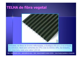 TELHA ddee ffiibbrraa vveeggeettaall 
Ondulada, de fibras de árvores reflorestadas, a Ecológica (95 cm x 2 m) é fixada 
na estrutura. Ideal para caimentos de 27% e de no mínimo 18%. Da Onduline, 
em cinco tons, cada uma cobre 1,53 m2. 
UUMMCC –CCOONNSSTTRRUUÇÇÃÃOO CCIIVVIILL – AANNOOTTAAÇÇÕÕEESS DDEE AAUULLAA – PPRROOFF.. CCAARRLLOOSS RROOBBEERRTTOO GGOODDOOII CCIINNTTRRAA - FFoonnttee:: RReevviissttaa AArrqquuiitteettuurraa ee CCoonnssttrruuççããoo 
 