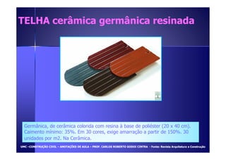 TELHA cerâmica ggeerrmmâânniiccaa rreessiinnaaddaa 
Germânica, de cerâmica colorida com resina à base de poliéster (20 x 40 cm). 
Caimento mínimo: 35%. Em 30 cores, exige amarração a partir de 150%. 30 
unidades por m2. Na Cerâmica. 
UUMMCC –CCOONNSSTTRRUUÇÇÃÃOO CCIIVVIILL – AANNOOTTAAÇÇÕÕEESS DDEE AAUULLAA – PPRROOFF.. CCAARRLLOOSS RROOBBEERRTTOO GGOODDOOII CCIINNTTRRAA - FFoonnttee:: RReevviissttaa AArrqquuiitteettuurraa ee CCoonnssttrruuççããoo 
 