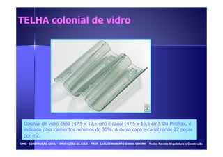 TELHA ccoolloonniiaall ddee vviiddrroo 
Colonial de vidro capa (47,5 x 12,5 cm) e canal (47,5 x 16,5 cm). Da Pirofrax, é 
indicada para caimentos mínimos de 30%. A dupla capa e-canal rende 27 peças 
por m2. 
UUMMCC –CCOONNSSTTRRUUÇÇÃÃOO CCIIVVIILL – AANNOOTTAAÇÇÕÕEESS DDEE AAUULLAA – PPRROOFF.. CCAARRLLOOSS RROOBBEERRTTOO GGOODDOOII CCIINNTTRRAA - FFoonnttee:: RReevviissttaa AArrqquuiitteettuurraa ee CCoonnssttrruuççããoo 
 