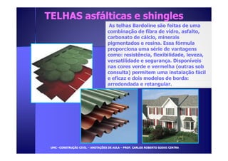 TTEELLHHAASS aassffáállttiiccaass ee sshhiinngglleess 
As telhas Bardoline são feitas de uma 
combinação de fibra de vidro, asfalto, 
carbonato de cálcio, minerais 
pigmentados e resina. Essa fórmula 
proporciona uma série de vantagens 
como: resistência, flexibilidade, leveza, 
versatilidade e segurança. Disponíveis 
nas cores verde e vermelha (outras sob 
consulta) permitem uma instalação fácil 
e eficaz e dois modelos de borda: 
arredondada e retangular. 
UUMMCC –CCOONNSSTTRRUUÇÇÃÃOO CCIIVVIILL – AANNOOTTAAÇÇÕÕEESS DDEE AAUULLAA – PPRROOFF.. CCAARRLLOOSS RROOBBEERRTTOO GGOODDOOII CCIINNTTRRAA 
 