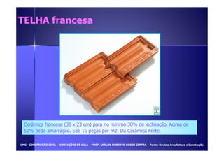 TTEELLHHAA ffrraanncceessaa 
Cerâmica francesa (38 x 23 cm) para no mínimo 30% de inclinação. Acima de 
50% pede amarração. São 16 peças por m2. Da Cerâmica Forte. 
UUMMCC –CCOONNSSTTRRUUÇÇÃÃOO CCIIVVIILL – AANNOOTTAAÇÇÕÕEESS DDEE AAUULLAA – PPRROOFF.. CCAARRLLOOSS RROOBBEERRTTOO GGOODDOOII CCIINNTTRRAA - FFoonnttee:: RReevviissttaa AArrqquuiitteettuurraa ee CCoonnssttrruuççããoo 
 