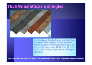 TELHAS asfálticas ee sshhiinngglleess 
Importada dos Estados Unidos pela Roof Tech, 
a shingle asfáltica exige fixação e inclinação 
mínima de 20%. O m2 da Landmark (98 x 34 
cm), em 16 cores, custa R$ 40. O da CT (91 x 
30 cm), em 13 tons, sai por R$ 31. Telhas por 
m2: nove. 
UUMMCC –CCOONNSSTTRRUUÇÇÃÃOO CCIIVVIILL – AANNOOTTAAÇÇÕÕEESS DDEE AAUULLAA – PPRROOFF.. CCAARRLLOOSS RROOBBEERRTTOO GGOODDOOII CCIINNTTRRAA - FFoonnttee:: RReevviissttaa AArrqquuiitteettuurraa ee CCoonnssttrruuççããoo 
 