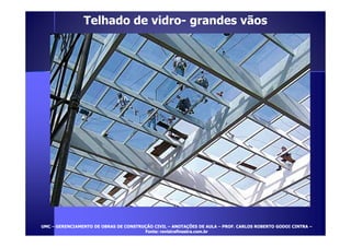 Telhado de vidro- grandes vãos 
UUMMCC – GGEERREENNCCIIAAMMEENNTTOO DDEE OOBBRRAASS DDEE CCOONNSSTTRRUUÇÇÃÃOO CCIIVVIILL – AANNOOTTAAÇÇÕÕEESS DDEE AAUULLAA – PPRROOFF.. CCAARRLLOOSS RROOBBEERRTTOO GGOODDOOII CCIINNTTRRAA – 
FFoonnttee:: rreevviissttrraaffiinneessttrraa..ccoomm..bbrr 
 