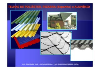 TELHAS DE POLIÉSTER, PIZARRA (EEssppaannhhaa)) ee AALLUUMMÍÍNNIIOO 
UUMMCC –CCOONNSSTTRRUUÇÇÃÃOO CCIIVVIILL – AANNOOTTAAÇÇÕÕEESS DDEE AAUULLAA – PPRROOFF.. CCAARRLLOOSS RROOBBEERRTTOO GGOODDOOII CCIINNTTRRAA 
 
