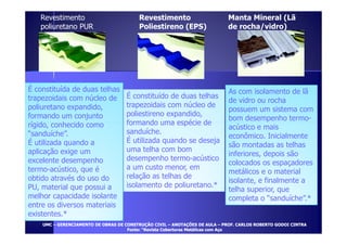 É constituída de duas telhas 
trapezoidais com núcleo de 
poliuretano expandido, 
formando um conjunto 
rígido, conhecido como 
É constituído de duas telhas 
trapezoidais com núcleo de 
poliestireno expandido, 
formando uma espécie de 
As com isolamento de lã 
de vidro ou rocha 
possuem um sistema com 
bom desempenho termo-acústico 
e mais 
Revestimento 
poliuretano PUR 
Revestimento 
Poliestireno (EPS) 
Manta Mineral (Lã 
de rocha/vidro) 
UUMMCC – GGEERREENNCCIIAAMMEENNTTOO DDEE OOBBRRAASS DDEE CCOONNSSTTRRUUÇÇÃÃOO CCIIVVIILL – AANNOOTTAAÇÇÕÕEESS DDEE AAUULLAA – PPRROOFF.. CCAARRLLOOSS RROOBBEERRTTOO GGOODDOOII CCIINNTTRRAA 
FFoonnttee:: ““RReevviissttaa CCoobbeerrttuurraass MMeettáálliiccaass ccoomm AAççoo 
“sanduíche”. 
É utilizada quando a 
aplicação exige um 
excelente desempenho 
termo-acústico, que é 
obtido através do uso do 
PU, material que possui a 
melhor capacidade isolante 
entre os diversos materiais 
existentes.* 
sanduíche. 
É utilizada quando se deseja 
uma telha com bom 
desempenho termo-acústico 
a um custo menor, em 
relação as telhas de 
isolamento de poliuretano.* 
acústico econômico. Inicialmente 
são montadas as telhas 
inferiores, depois são 
colocados os espaçadores 
metálicos e o material 
isolante, e finalmente a 
telha superior, que 
completa o “sanduíche”.* 
 
