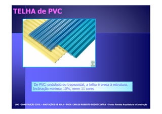 TTEELLHHAA ddee PPVVCC 
De PVC, ondulado ou trapezoidal, a telha é presa à estrutura. 
Inclinação mínima: 10%, emm 11 cores 
UUMMCC –CCOONNSSTTRRUUÇÇÃÃOO CCIIVVIILL – AANNOOTTAAÇÇÕÕEESS DDEE AAUULLAA – PPRROOFF.. CCAARRLLOOSS RROOBBEERRTTOO GGOODDOOII CCIINNTTRRAA - FFoonnttee:: RReevviissttaa AArrqquuiitteettuurraa ee CCoonnssttrruuççããoo 
 