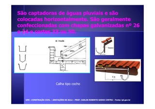 São captadoras de águas pplluuvviiaaiiss ee ssããoo 
ccoollooccaaddaass hhoorriizzoonnttaallmmeennttee.. SSããoo ggeerraallmmeennttee 
ccoonnffeecccciioonnaaddaass ccoomm cchhaappaass ggaallvvaanniizzaaddaass nnº 2266 
ee 2244 ee ccoorrtteess 3333 oouu 5500.. 
Calha tipo cocho 
UUMMCC –CCOONNSSTTRRUUÇÇÃÃOO CCIIVVIILL – AANNOOTTAAÇÇÕÕEESS DDEE AAUULLAA – PPRROOFF.. CCAARRLLOOSS RROOBBEERRTTOO GGOODDOOII CCIINNTTRRAA – FFoonnttee:: iipptt.ggoovv..bbrr 
 