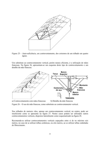 Figura 25 – Auto-suficiência, em contraventamento, dos extremos de um telhado em quatro
águas.
Um substituto ao contraventamento vertical, porém menos eficiente, é a utilização de mãos
francesas. Na figura 26, apresentam-se um esquema deste tipo de contraventamento e um
detalhe da mão francesa.
a) Contraventamento com mãos francesas b) Detalhe da mão francesa
Figura 26 – O uso de mão francesa, como substituto ao contraventamento vertical.
Nos telhados de maiores vãos, apenas um contraventamento vertical, no centro, pode ser
insuficiente como se apresenta na figura 27. Nestes casos podem ser utilizados outros
contraventamentos verticais, dispostos lateralmente como esquematizado na figura 28.
Recomenda-se utilizar contraventamentos verticais espaçados entre si de no máximo seis
metros, no caso de se utilizar telhas cerâmicas, ou oito metros, ao se utilizar telhas onduladas
de fibrocimento.
21
 