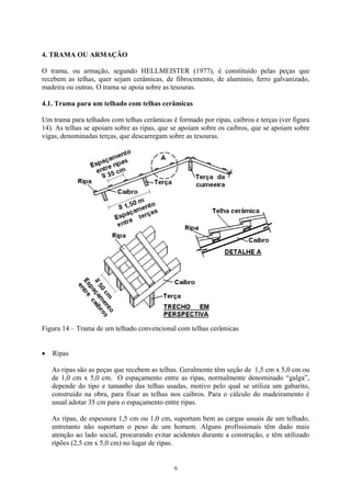 4. TRAMA OU ARMAÇÃO 
O trama, ou armação, segundo HELLMEISTER (1977), é constituído pelas peças que recebem as telhas, quer sejam cerâmicas, de fibrocimento, de alumínio, ferro galvanizado, madeira ou outras. O trama se apoia sobre as tesouras. 
4.1. Trama para um telhado com telhas cerâmicas 
Um trama para telhados com telhas cerâmicas é formado por ripas, caibros e terças (ver figura 14). As telhas se apoiam sobre as ripas, que se apoiam sobre os caibros, que se apoiam sobre vigas, denominadas terças, que descarregam sobre as tesouras. 
Figura 14 – Trama de um telhado convencional com telhas cerâmicas 
Ripas • 
As ripas são as peças que recebem as telhas. Geralmente têm seção de 1,5 cm x 5,0 cm ou de 1,0 cm x 5,0 cm. O espaçamento entre as ripas, normalmente denominado “galga”, depende do tipo e tamanho das telhas usadas, motivo pelo qual se utiliza um gabarito, construído na obra, para fixar as telhas nos caibros. Para o cálculo do madeiramento é usual adotar 35 cm para o espaçamento entre ripas. 
As ripas, de espessura 1,5 cm ou 1,0 cm, suportam bem as cargas usuais de um telhado, entretanto não suportam o peso de um homem. Alguns profissionais têm dado mais atenção ao lado social, procurando evitar acidentes durante a construção, e têm utilizado ripões (2,5 cm x 5,0 cm) no lugar de ripas. 
9 
 