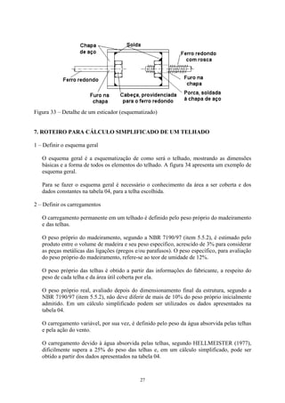 Figura 33 – Detalhe de um esticador (esquematizado)
7. ROTEIRO PARA CÁLCULO SIMPLIFICADO DE UM TELHADO
1 – Definir o esquema geral
O esquema geral é a esquematização de como será o telhado, mostrando as dimensões
básicas e a forma de todos os elementos do telhado. A figura 34 apresenta um exemplo de
esquema geral.
Para se fazer o esquema geral é necessário o conhecimento da área a ser coberta e dos
dados constantes na tabela 04, para a telha escolhida.
2 – Definir os carregamentos
O carregamento permanente em um telhado é definido pelo peso próprio do madeiramento
e das telhas.
O peso próprio do madeiramento, segundo a NBR 7190/97 (item 5.5.2), é estimado pelo
produto entre o volume de madeira e seu peso específico, acrescido de 3% para considerar
as peças metálicas das ligações (pregos e/ou parafusos). O peso específico, para avaliação
do peso próprio do madeiramento, refere-se ao teor de umidade de 12%.
O peso próprio das telhas é obtido a partir das informações do fabricante, a respeito do
peso de cada telha e da área útil coberta por ela.
O peso próprio real, avaliado depois do dimensionamento final da estrutura, segundo a
NBR 7190/97 (item 5.5.2), não deve diferir de mais de 10% do peso próprio inicialmente
admitido. Em um cálculo simplificado podem ser utilizados os dados apresentados na
tabela 04.
O carregamento variável, por sua vez, é definido pelo peso da água absorvida pelas telhas
e pela ação do vento.
O carregamento devido à água absorvida pelas telhas, segundo HELLMEISTER (1977),
dificilmente supera a 25% do peso das telhas e, em um cálculo simplificado, pode ser
obtido a partir dos dados apresentados na tabela 04.
27
 