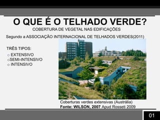 01
O QUE É O TELHADO VERDE?
COBERTURA DE VEGETAL NAS EDIFICAÇÕES
o EXTENSIVO
oSEMI-INTENSIVO
o INTENSIVO
Coberturas verdes extensivas (Austrália)
Fonte: WILSON, 2007 Apud Rosseti 2009
Segundo a ASSOCIAÇÃO INTERNACIONAL DE TELHADOS VERDES(2011)
TRÊS TIPOS:
 