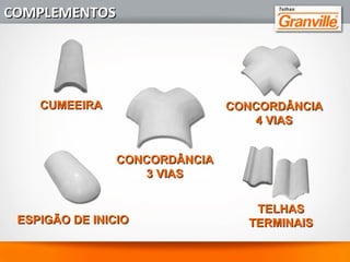 11 - MAIOR RESISTÊNCIA - A alta resistência dos materiais e
a tecnologia utilizada na produção possibilitam uma
resistência superior a 250 kg nas telhas GRANVILLE, que
tendem a aumentar com o passar dos anos. Eliminando a
quebra de telhas durante a instalação e aumentando a vida
útil do telhado.
0
100
200
300
400
500
0 5 10 15 20
ANOS
VANTAGENSVANTAGENS
TELHAS GRANVILLE TELHAS DE BARRO
 