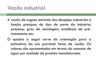 Vazão industrial
A vazão de esgoto advinda dos despejos industriais é
função precípua do tipo de porte da industria,
processo, grau de reciclagem, existência de prétratamento etc.
O quadro a seguir serve de orientação para a
estimativa da sua provável faixa de vazão. Os
valores são apresentados em termos do consumo de
água por unidade de produto manufaturado.

 