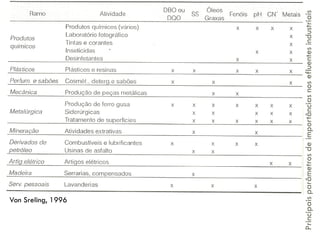 Principais parâmetros de importâncias nos efluentes industriais

Von Sreling, 1996

 