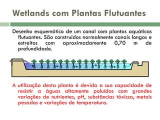 Wetlands com Plantas Flutuantes
Desenho esquemático de um canal com plantas aquáticas
flutuantes. São construídos normalmente canais longos e
estreitos com aproximadamente 0,70 m de
profundidade.

A utilização desta planta é devida a sua capacidade de
resistir a águas altamente poluídas com grandes
variações de nutrientes, pH, substâncias tóxicas, metais
pesados e variações de temperatura.

 