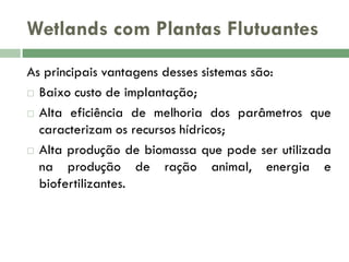 Wetlands com Plantas Flutuantes
As principais vantagens desses sistemas são:
 Baixo custo de implantação;
 Alta eficiência de melhoria dos parâmetros que
caracterizam os recursos hídricos;
 Alta produção de biomassa que pode ser utilizada
na produção de ração animal, energia e
biofertilizantes.

 