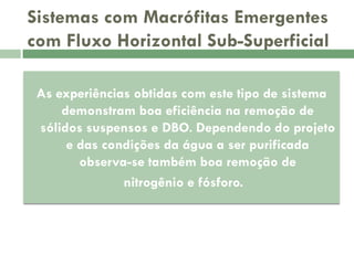 Sistemas com Macrófitas Emergentes
com Fluxo Horizontal Sub-Superficial
As experiências obtidas com este tipo de sistema
demonstram boa eficiência na remoção de
sólidos suspensos e DBO. Dependendo do projeto
e das condições da água a ser purificada
observa-se também boa remoção de
nitrogênio e fósforo.

 