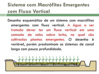 Sistema com Macrófitas Emergentes
com Fluxo Vertical
Desenho esquemático de um sistema com macrófitas
emergentes com fluxo vertical. A água a ser
tratada dever ter um fluxo vertical em uma
camada de solos sobre brita, no qual são
cultivadas plantas emergentes. O desenho é
variável, porém predominam os sistemas de canal
longo com pouca profundidade.

 