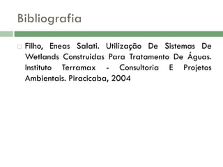 Bibliografia


Filho, Eneas Salati. Utilização De Sistemas De
Wetlands Construídas Para Tratamento De Águas.
Instituto Terramax - Consultoria E Projetos
Ambientais. Piracicaba, 2004

 