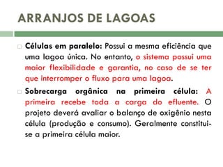 ARRANJOS DE LAGOAS




Células em paralelo: Possui a mesma eficiência que
uma lagoa única. No entanto, o sistema possui uma
maior flexibilidade e garantia, no caso de se ter
que interromper o fluxo para uma lagoa.
Sobrecarga orgânica na primeira célula: A
primeira recebe toda a carga do efluente. O
projeto deverá avaliar o balanço de oxigênio nesta
célula (produção e consumo). Geralmente constituise a primeira célula maior.

 