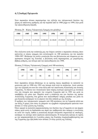 6.2 Σταθερή Τηλεφωνία 
Στον παρακάτω πίνακα παρατηρούμε την εξέλιξη του τηλεφωνικού δικτύου της 
χώρας σε απόλυτους αριθμούς για την περίοδο από το 1980 μέχρι το 1999, λίγο μετά 
την απελευθέρωση δηλαδή. 
Πίνακας 20 Κύριες Τηλεφωνικές Γραμμές (σε χιλιάδες) 
1980 1985 1990 1995 1996 1997 1998 1999 
20.431,60 25.391,80 31.887,00 42.000,00 44.100,00 45.200,00 46.530,00 48.300,00 
Πιο εύγλωττα αυτή την ανάπτυξη μας την δείχνει ωστόσο ο παρακάτω πίνακας όπου 
φαίνονται οι κύριες γραμμές που αντιστοιχούν σε 100 κατοίκους για την περίοδο 
1990-1997. Βλέπουμε ότι αυτή η αναλογία όλο και βελτιώνεται και σύμφωνα με πιο 
πρόσφατα στοιχεία της Eurostat, η βελτίωση αυτή παρατηρείται, με μικρότερους 
βέβαια ρυθμούς, και ύστερα από την απελευθέρωση του 1998. 
Πίνακας 21 Κύριες Τηλεφωνικές Γραμμές ανά 100 κατοίκους 
1990 1991 1993 1994 1995 1996 1997 
47 42 46 48 50 56 57 
Στον παραπάνω πίνακα βλέπουμε το εκ πρώτης όψεος παράδοξο το ποσοστό να 
μειώνεται από το 1990 στο 1991 και ύστερα σιγά σιγά να αυξάνεται. Αυτό ωστόσο 
έχει την εξήγησή του που δεν είναι άλλη από την επανένωση Ανατολικής και Δυτικής 
Γερμανίας. Το δίκτυο των Ανατολικών ήταν σαφώς λιγότερο εξελιγμένο με συνέπεια 
στα νέα στοιχεία που αφορούν την ενωμένη Γερμανία από το 1991 και μετά να 
υποβιβάζει τον μέσο όρο. Παρόλα αυτά η ανάπτυξη και του δικτύου της πρώην 
Ανατολικής Γερμανίας στα χρόνια που ακολούθησαν υπήρξε ραγδαία και μέσα σε 
μια δεκαετία κατάφεραν να το φέρουν στο ίδιο επίπεδο με της Δυτικής. 
Ο αριθμός των τηλεφωνικών γραμμών ανά 100 κατοίκους για τη Γερμανία αλλά και 
για άλλες 4 χώρες έτσι ώστε να μπορούν να εξαχθούν συμπεράσματα φαίνεται στον 
πίνακα 2.3 στην μελέτη της Γαλλίας. 
Όσον αφορά τα ποσοστά ψηφιακοποίησης του δικτύου της η Γερμανία αν και άρχισε 
κάπως αργά αυτή τη διαδικασία και παρά την επιβάρυνση που επέφερε η συνένωση 
σε αυτό τον τομέα, καθότι η ανατολική πλευρά υστερούσε σημαντικά σε υποδομές, 
κατάφερε να επιτύχει πολύ αξιόλογα αποτελέσματα. Η συγκριτική εξέλιξη σε σχέση 
με την ψηφιακοποίηση σε 4 μεγάλες χώρες της Ευρώπης συμπεριλαμβανομένης και 
της Γερμανίας έχει ήδη δοθεί στον πίνακα 2.4 στην μελέτη της Γαλλίας. 
64 
 