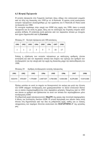6.3 Κινητή Τηλεφωνία 
Η κινητή τηλεφωνία στη Γερμανία ξεκίνησε όπως είδαμε στο εισαγωγικό κομμάτι 
από τα τέλη της δεκαετίας του 1950 με το A-Network. Η πρώτη γενιά αναλογικών 
κινητών τηλεφώνων ολοκληρώθηκε με την εμφάνιση του C-Network (C-Netz) κατά 
τη δεκαετία του 1980. 
Εν συνεχεία περάσαμε στην εποχή του GSM στις αρχές του 1990, όπου η κινητή 
τηλεφωνία και σε αυτή τη χώρα, όπως και σε ολόκληρη την Ευρώπη γνώρισε πολύ 
μεγάλη άνθηση. Η ανάπτυξη αυτή φαίνεται από τον παρακάτω πίνακα με στοιχεία 
που έχουν δημοσιευθεί από τη Eurostat. 
Πίνακας 23 Κινητά τηλέφωνα ανά 100 κατοίκους 
1991 1992 1993 1994 1995 1996 1997 1998 
1 1 2 3 5 7 10 17 
Επίσης η εξάπλωση των κινητών τηλεφώνων με απόλυτους αριθμούς γίνεται 
αντιληπτή και από τον παρακάτω πίνακα που δείχνει την εξέλιξη του αριθμού των 
συνδρομητών για την εποχή από την αρχή της δεκαετίας μέχρι την απελευθέρωση του 
1998. 
Πίνακας 24 Αριθμός συνδρομητών κινητής τηλεφωνίας 
1991 1992 1993 1994 1995 1996 1997 1998 
533.815 975.837 1.778.881 2.497.537 3.764.000 5.554.000 8.276.000 13.913.000 
Πρέπει ωστόσο σε αυτό το σημείο να διευκρινιστεί ότι ακόμη και μετά την έλευση 
του GSM υπήρχαν συνδρομητές που χρησιμοποιούσαν το παλιό αναλογικό δίκτυο 
και οι οποίοι συμπεριλαμβάνονται στην παραπάνω μέτρηση. Επομένως από το 1992 
και έπειτα οι αριθμοί που βρίσκονται σε αυτό τον πίνακα δεν περιλαμβάνουν μόνο 
συνδρομητές GSM. 
Η ρυθμιστική αρχή τηλεπικοινωνιών (RegTP) της χώρας είχε συνολικά παραχωρήσει 
4 άδειες για λειτουργίες δικτύου GSM. Η γενική περιγραφή των αδειών όπως αυτή 
δίνεται στη δημοσιότητα από την ίδια τη ρυθμιστική αρχή, καθώς και οι τυπικές 
υποχρεώσεις των παρόχων δίνονται αναλυτικά στο ΠΑΡΑΡΤΗΜΑ Γ της εργασίας 
μας. 
66 
 