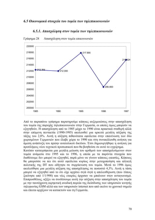 6.5 Οικονομικά στοιχεία του τομέα των τηλεπικοινωνιών 
6.5.1. Απασχόληση στον τομέα των τηλεπικοινωνιών 
Γράφημα 28 Απασχόληση στον τομέα επικοινωνιών 
212.364 212.000 
217.900 
206.800 
215.624 
220000 
218000 
216000 
214000 
212000 
210000 
208000 
206000 
204000 
202000 
200000 
1985 1990 1995 1996 1997 
Από το παραπάνω γράφημα παρατηρούμε κάποιες αυξομοιώσεις στην απασχόληση 
του τομέα της παροχής τηλεπικοινωνιών στην Γερμανία, οι οποίες όμως μπορούν να 
εξηγηθούν. Η απασχόληση από το 1985 μέχρι το 1990 είναι πρακτικά σταθερή αλλά 
στην επόμενη πενταετία (1990-1995) ακολουθεί μια αρκετά μεγάλη αύξηση της 
τάξης του 2,8%. Αυτή η αύξηση πιθανότατα οφείλεται στην επανένωση των δύο 
χωρισμένων Γερμανιών που έλαβε χώρα το 1990 και στη συνακόλουθη ανάγκη για 
άμεση ανάπτυξη του πρώην ανατολικού δικτύου. Έτσι δημιουργήθηκε η ανάγκη για 
προσλήψεις νέου τεχνικού προσωπικού που θα βοηθούσε σε αυτό το εγχείρημα. 
Κατόπιν καταγράφεται μια μεγάλη μείωση του αριθμού των απασχολούμενων στον 
τομέα ανάμεσα στο 1995 και το 1996, η οποία με τα παρόντα στοιχεία που 
διαθέτουμε δεν μπορεί να εξηγηθεί, παρά μόνο να γίνουν κάποιες εικασίες. Κάποιος 
θα μπορούσε να πει ότι αυτό οφείλεται κυρίως στην μετοχοποίηση και αλλαγή 
πολιτικής της DT που οδήγησε σε συρρίκνωση του τομέα. Μετά το 1996 όμως 
ακολούθησε μια μεγάλη αύξηση της απασχόλησης σε ποσοστό 4,3%. Αυτή η τάση 
μπορεί να εξηγηθεί από το ότι είχε αρχίσει σιγά σιγά η απελευθέρωση (που τύποις 
ξεκίνησε από 1/1/998) και νέες εταιρίες άρχισαν να μπαίνουν στον ανταγωνισμό. 
Επιπροσθέτως, αξίζει να συνδέσουμε αυτή την αύξηση στην απασχόληση του τομέα 
με την ταυτόχρονη εκρηκτική ανοδική πορεία της διείσδυσης των υπηρεσιών κινητής 
τηλεφωνίας GSM αλλά και των υπηρεσιών internet που από εκείνο το χρονικό σημείο 
και έπειτα αρχίζουν να κατακτούν και τη Γερμανία. 
70 
 