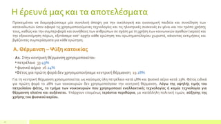 16
Η έρευνά μας και τα αποτελέσματα
Προκειμένου να διαμορφώσουμε μία συνολική άποψη για την οικολογική και οικονομική παιδεία και συνείδηση των
καταναλωτών όσον αφορά τις χρησιμοποιούμενες τεχνολογίες και τις ηλεκτρικές συσκευές εν γένει και τον τρόπο χρήσης
τους, καθώς και την συμπεριφορά και συνήθειες των ανθρώπων σε σχέση με τη χρήση των κοινωνικών αγαθών (νερού) και
την εξοικονόμηση πόρων, εξετάσαμε κατ’ αρχήν κάθε ερώτηση του ερωτηματολογίου χωριστά, κάνοντας εκτιμήσεις και
βγάζοντας συμπεράσματα για κάθε ερώτηση.
Α. Θέρμανση – Ψύξη κατοικίας
Α1. Στην κεντρική θέρμανση χρησιμοποιείται:
• πετρέλαιο 33 49%
• φυσικό αέριο 16 24%
•Φέτος για πρώτη φορά δεν χρησιμοποιήσαμε κεντρική θέρμανση 19 28%
Για τη κεντρική θέρμανση χρησιμοποιείται ως καύσιμος ύλη πετρέλαιο κατά 48% και φυσικό αέριο κατά 23%. Φέτος ειδικά
για πρώτη φορά το 28% των νοικοκυριών δεν χρησιμοποίησαν την κεντρική θέρμανση. Λόγω της υψηλής τιμής του
πετρελαίου φέτος, το τμήμα των νοικοκυριών που χρησιμοποιεί εναλλακτικές τεχνολογίες ή καμία τεχνολογία για
θέρμανση ολοένα και αυξάνεται. Υπάρχουν επομένως τεράστια περιθώρια, με κατάλληλη πολιτική τιμών, αύξησης της
χρήσης του φυσικού αερίου.
 