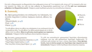 19
Β1. Αφού χρησιμοποιήσεις τον υπολογιστή, την τηλεόραση, την
κονσόλα παιχνιδιού ή κάποια παρόμοια συσκευή, σβήνεις την
οθόνη;
• Μερικές φορές 30 44%
•Ποτέ 3 4%
•Πάντα 35 51%
Β. Συσκευές
Στο σπίτι η θερμοκρασία του θερμοστάτη είναι ρυθμισμένη στους 19° C σε ποσοστό 32%, στους 20° C σε ποσοστό 47%, ενώ
ένα ποσοστό της τάξης του 22% τον έχει ρυθμίσει σε θερμοκρασία μεγαλύτερη των 21°C.Το 79% των νοικοκυριών
ρυθμίζουν τον θερμοστάτη σωστά. Υπάρχουν μικρά περιθώρια μείωσης της κατανάλωσης ενέργειας.
Το 52% σβήνει πάντα την οθόνη της τηλεόρασης ή του υπολογιστή όταν δε
τα χρειάζεται άλλο. Το 43% σβήνει την οθόνη μερικές φορές και το 5% δε
σβήνει ποτέ την οθόνη. Μόνο το 52% κάνει σωστή χρήση των παραπάνω
συσκευών. Υπάρχουν πολλά περιθώρια εξοικονόμησης ενέργειας.
Β3. Στο σπίτι, χρησιμοποιείτε:
•Λαμπτήρες εξοικονόμησης ενέργειας 21 31%
• λαμπτήρες πυρακτώσης 17 25%
•Και τους δύο τύπους λαμπτήρων 30 44%
Το 32% των καταναλωτών χρησιμοποιεί λαμπτήρες εξοικονόμησης
ενέργειας, ενώ ένα 23% χρησιμοποιεί λαμπτήρες πυράκτωσης. Το
υπόλοιπο 45% επιλέγει και τους 2 τύπους λαμπτήρων. Είναι φανερό,
λοιπόν, πως το κόστος αγοράς των λαμπτήρων έχει σημασία για τον
καταναλωτή.Υπάρχουν πολλά περιθώρια εξοικονόμησης ενέργειας.
 