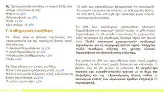 22
Β7. Χρησιμοποιείτε συνήθως το κουμπί ECO; (εάν
υπάρχει στη συσκευή σας)
•Πάντα 15 22%
•Μερικές φορές 19 28%
•Ποτέ 8 12%
•Δεν υπάρχει 26 38%
Το 20% των καταναλωτών χρησιμοποιεί την οικονομική
λειτουργία της συσκευής πάντοτε, το 25% μερικές φορές,
το 12% ποτέ, ενώ στο 43% έχει συσκευές χωρίς κουμπί
οικονομικής λειτουργίας.
Γ. Καθημερινές συνήθειες
Γ1. Ποιες είναι οι βασικές τεχνολογίες που
χρησιμοποιείτε για την παραγωγή ζεστού νερού
στο σπίτι σας
•Ηλεκτρικό θερμόσίφωνα 39 57%
•Ηλιακό θερμοσίφωνα 32 47%
•Μπόιλερ δικτύου θέρμανσης 5 7%
•Άλλο 0 0%
Το 57% των νοικοκυριών χρησιμοποιεί ηλεκτρικό
θερμοσίφωνα για παραγωγή ζεστού νερού, το 48% ηλιακό
θερμοσίφωνα, το 7% μπόιλερ ενώ κανείς δε χρησιμοποιεί
άλλη τεχνολογία (πχ γεωθερμία, ζέσταμα νερού στη φωτιά
κλπ). Πολλά νοικοκυριά χρησιμοποιούν συνδυασμό
τεχνολογιών για τη παραγωγή ζεστού νερού. Υπάρχουν
πολλά περιθώρια αύξησης της χρήσης ηλιακού
θερμοσίφωνα και εξοικονόμησης ενέργειας.
Γ2. Όταν πλένεστε στο σπίτι, συνήθως:
•Κάνετε ένα μεγάλης διάρκειας ντουζ 21 31%
•Κάνετε ένα μικρής διάρκειας ντουζ, κλείνοντας τη
βρύση όσο πλένεστε 44 65%
•Γεμίζετε τη μπανιέρα 3 4%
Στο μπάνιο το 28% των ερωτηθέντων κάνει ντουζ μεγάλης
διάρκειας, το 67% ντουζ μικρής διάρκειας και κλείνοντας τη
βρύση, ενώ το 5% γεμίζει τη μπανιέρα. Το μεγαλύτερο
ποσοστό έχει ευαισθητοποιηθεί σχετικά με το θέμα της
λειψυδρίας και της εξοικονόμησης πόρων, καθώς το
οικονομικό κόστος των κοινωνικών αγαθών επηρεάζει τη
συμπεριφορά.
 