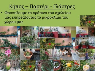 Κήπος – Παρτέρι - Γλάστρες
• Φροντίζουμε το πράσινο του σχολείου
μας επηρεάζοντας το μικροκλίμα του
χώρου μας
 