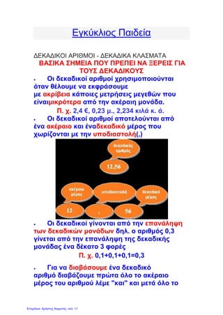  Οι δεκαδικοί αριθμοί είναι δυνατόν να
γραφτούν και ως κλάσματα όπως και αντίθετα.
Για να γράψουμε ένα δεκαδικό αριθμό ως
δεκαδικό κλάσμα, γράφουμε όλο τον αριθμό,
χωρίς την υποδιαστολή στην θέση του αριθμητή
και παρονομαστή γράφουμε το 1 με τόσα
μηδενικά όσα και τα δεκαδικά ψηφία του
αριθμού
Π. χ. 0,4 = 4/10
0.04 = 4/100
0,004 = 4/1000
1,2 = 12/10
 Το αντίθετο κάνουμε όταν θέλουμε να
μετατρέψουμε δεκαδικό κλάσμα σε δεκαδικό
αριθμό. Γράφουμε μόνο τον αριθμητή του και
χωρίζουμε με υποδιαστολή τόσα δεκαδικά
ψηφία όσα μηδενικά έχει ο
παρονομαστής(συμπληρώνουμε με 0 όσα
ψηφία λείπουν)
Π. χ. 6/10 = 0,6
6/100 = 0,06
6/1000 = 0,006
12/10 = 1,2
48/1000 = 0,048
Γράψε κάποιο δεκαδικό κλάσμα και δες τη
μορφή που παίρνει (δεκαδικός αριθμός) όταν
πατάς το "calculate"
ΚΛΙΚ
Γράψε και εδώ έναν δεκαδικό και δες πώς
μετατρέπεται σε κλάσμα(χρησιμοποίησε την (.) για
υποδιαστολή)
ΚΛΙΚ
 