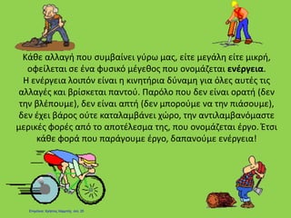 Κάθε αλλαγή που συμβαίνει γύρω μας, είτε μεγάλη είτε μικρή,
οφείλεται σε ένα φυσικό μέγεθος που ονομάζεται ενέργεια.
Η ενέργεια λοιπόν είναι η κινητήρια δύναμη για όλες αυτές τις
αλλαγές και βρίσκεται παντού. Παρόλο που δεν είναι ορατή (δεν
την βλέπουμε), δεν είναι απτή (δεν μπορούμε να την πιάσουμε),
δεν έχει βάρος ούτε καταλαμβάνει χώρο, την αντιλαμβανόμαστε
μερικές φορές από το αποτέλεσμα της, που ονομάζεται έργο. Έτσι
κάθε φορά που παράγουμε έργο, δαπανούμε ενέργεια!
Επιμέλεια: Χρήστος Χαρμπής σελ. 25
 