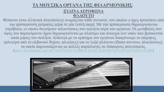 ΤΑ ΜΟΥΣΙΚΑ ΟΡΓΑΝΑ ΤΗΣ ΦΙΛΑΡΜΟΝΙΚΗΣ
ΞΥΛΙΝΑ ΑΕΡΟΦΩΝΑ
ΦΛΑΟΥΤΟ
Φλάουτο (στα ελληνικά πλαγίαυλος) ονομάζεται κάθε πνευστό, του οποίου ο ήχος προκύπτει από
την πρόσκρουση ρεύματος αέρα σε μία λεπτή ακμή. Με την πρόσκρουση δημιουργούνται
στρόβιλοι, οι οποίοι διεγείρουν ταλαντώσεις στο σωλήνα αέρα του οργάνου. Οι μεταβολές στο
ύψος του παραγόμενου ήχου δημιουργούνται με κλείσιμο και άνοιγμα των οπών που βρίσκονται
κατά μήκος του σωλήνα. Ανάλογα με το κράτημα του οργάνου διακρίνουμε το επίμηκες
(φλογέρα από το αλβανικό flojere, φλογέρες) και το λοξό φλάουτο (flauto traverso, πλαγίαυλος),
τα οποία παρουσιάζονται με πολλές παραλλαγές σε διάφορους πολιτισμούς.
(https://el.wikipedia.org/wiki/%CE%A6%CE%BB%CE%AC%CE%BF%CF%85%CF%84%CE%BF)
 