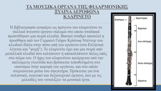 ΤΑ ΜΟΥΣΙΚΑΟΡΓΑΝΑΤΗΣ ΦΙΛΑΡΜΟΝΙΚΗΣ
ΞΥΛΙΝΑΑΕΡΟΦΩΝΑ
ΚΛΑΡΙΝΕΤΟ
Η βιβλιογραφία αναφέρει ως πρόγονο του κλαρινέτου το
γαλλικό πνευστό όργανο σαλυμώ στο οποίο σταδιακά
προστέθηκαν μια σειρά κλειδιά. Βασικό σταθμό αποτελεί η
προσθήκη από τον Γερμανό Γιόχαν Κρίστοφ Ντέννερ του
κλειδιού δίπλα στην πίσω οπή του οργάνου (στα Ελληνικά
λέγεται και "ψυχή"). Το κλαρινέτο έχει και μια σειρά από
μεταλλικά κλειδιά που καλύπτουν ή αποκαλύπτουν άλλες οπές
στο σώμα του. Ο ήχος του κλαρινέτου προέρχεται από την
παλλόμενη γλωττίδα που βρίσκεται τοποθετημένη στο
επιστόμιο στην κορυφή του οργάνου, και στο οποίο
στερεώνεται μέσω του σφιγκτήρα. Πρόκειται για ένα
σολιστικό, ευγενικό και δεξιοτεχνικό όργανο, που με τις
μελωδίες του «στολίζει» τα μουσικά έργα.
 