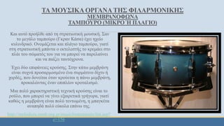 ΤΑ ΜΟΥΣΙΚΑΟΡΓΑΝΑΤΗΣ ΦΙΛΑΡΜΟΝΙΚΗΣ
ΜΕΜΒΡΑΝΟΦΩΝΑ
ΤΑΜΠΟΥΡΟ (ΜΙΚΡΟ Ή ΠΛΑΓΙΟ)
Και αυτό προήλθε από τη στρατιωτική μουσική. Σαν
το μεγάλο ταμπούρο (Γκραν Κάσα) έχει ηχείο
κυλινδρικό. Ονομάζεται και πλάγιο ταμπούρο, γιατί
στη στρατιωτική μπάντα ο εκτελεστής το κρεμάει στο
πλάι του σώματός του για να μπορεί να παρελαύνει
και να παίζει ταυτόχρονα.
Έχει δύο επιφάνειες κρούσης. Στην κάτω μεμβράνη
είναι συχνά προσαρμοσμένο ένα συρμάτινο δίχτυ ή
χορδές, που δονείται όταν κρούεται η πάνω μεμβράνη,
προκαλώντας έναν επιπλέον κροταλισμό.
Μια πολύ χαρακτηριστική τεχνική κρούσης είναι το
ρούλο, που μπορεί να γίνει εξαιρετικά γρήγορα, γιατί
καθώς η μεμβράνη είναι πολύ τεντωμένη, η μπαγκέτα
αναπηδά πολύ εύκολα επάνω της.
http://melodisia.mmb.org.gr/musicInstruments/list.asp?
c=156
 