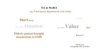 TeL in MedEd
To catch Attention To show Value
Poh-Sun Goh
22 September 2020 @ 2032hrs
Know?
Do?
Feel?
Start here
e.g. Emergency department case study
Elderly patient brought
unconscious to EMD
 