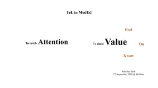 TeL in MedEd
To catch Attention To show Value
Poh-Sun Goh
22 September 2020 @ 0638am
Know
Do
Feel
 