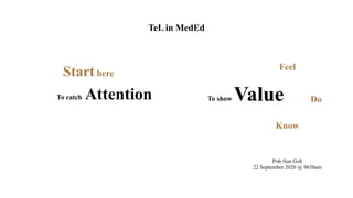 TeL in MedEd
To catch Attention To show Value
Poh-Sun Goh
22 September 2020 @ 0638am
Know
Do
Feel
Start here
 