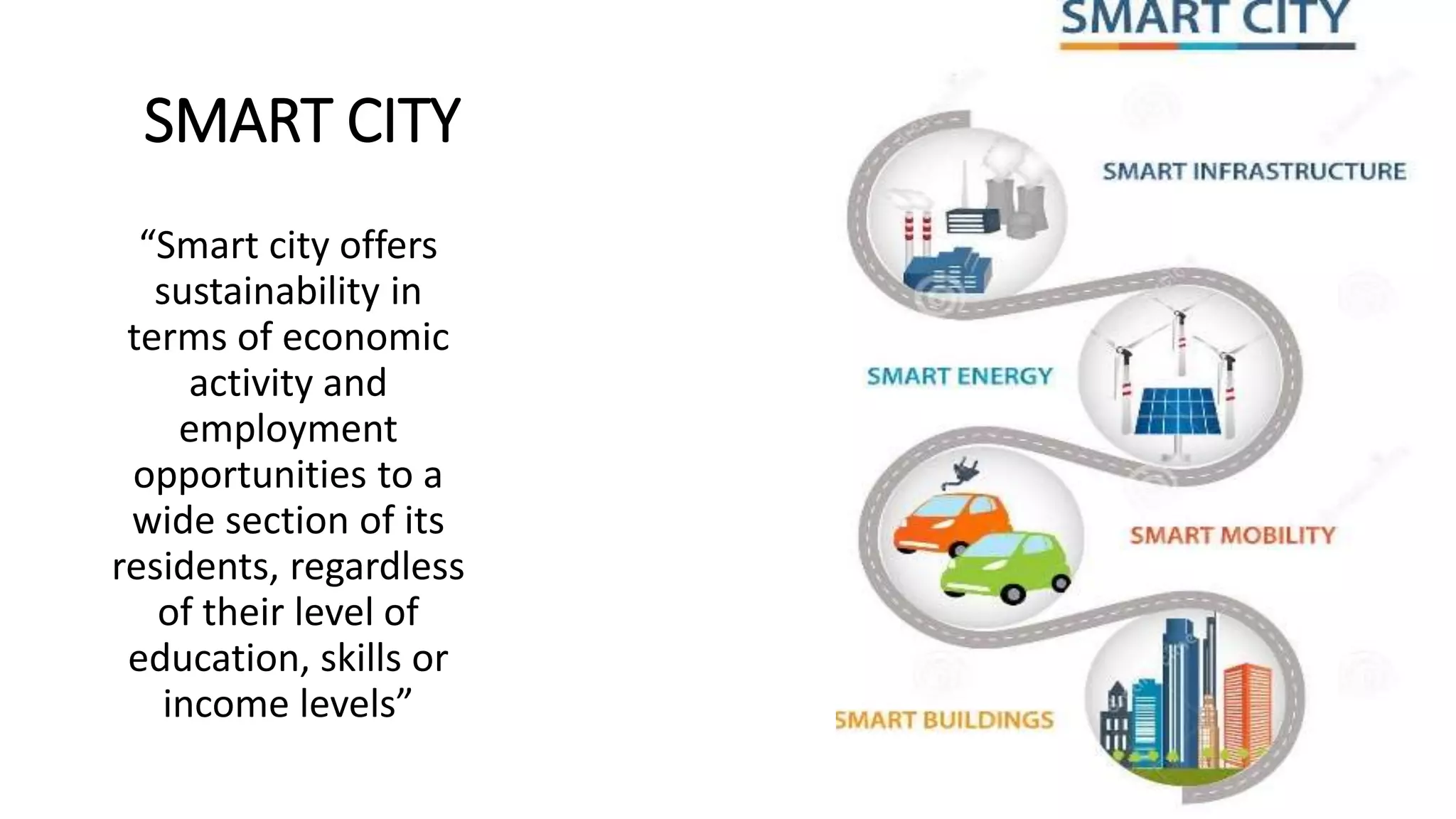 SMART CITY
“Smart city offers
sustainability in
terms of economic
activity and
employment
opportunities to a
wide section of its
residents, regardless
of their level of
education, skills or
income levels”
 