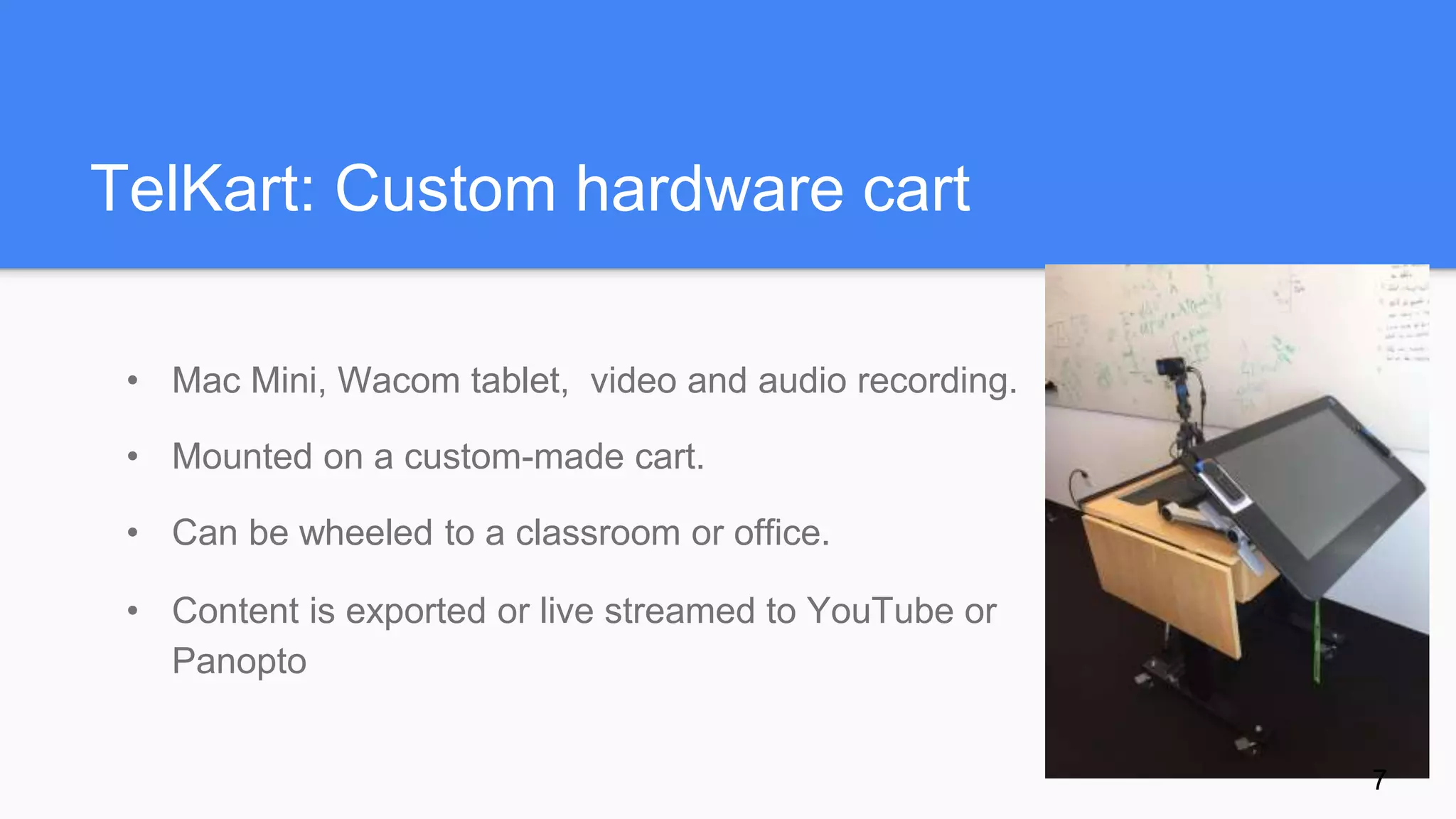 TelKart: Custom hardware cart
• Mac Mini, Wacom tablet, video and audio recording.
• Mounted on a custom-made cart.
• Can be wheeled to a classroom or office.
• Content is exported or live streamed to YouTube or
Panopto
7
 