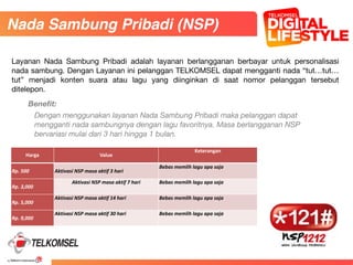 48
58
Layanan Nada Sambung Pribadi adalah layanan berlangganan berbayar untuk personalisasi
nada sambung. Dengan Layanan ini pelanggan TELKOMSEL dapat mengganti nada “tut…tut…
tut” menjadi konten suara atau lagu yang diinginkan di saat nomor pelanggan tersebut
ditelepon.
Nada Sambung Pribadi (NSP)
Benefit:
Dengan menggunakan layanan Nada Sambung Pribadi maka pelanggan dapat
mengganti nada sambungnya dengan lagu favoritnya. Masa berlangganan NSP
bervariasi mulai dari 3 hari hingga 1 bulan.
Harga Value
Keterangan
Rp.	
  500 Aktivasi	
  NSP	
  masa	
  aktif	
  3	
  hari
Bebas	
  memlih	
  lagu	
  apa	
  saja
Rp.	
  3,000
Aktivasi	
  NSP	
  masa	
  aktif	
  7	
  hari Bebas	
  memlih	
  lagu	
  apa	
  saja
Rp.	
  5,000
Aktivasi	
  NSP	
  masa	
  aktif	
  14	
  hari Bebas	
  memlih	
  lagu	
  apa	
  saja
Rp.	
  9,000
Aktivasi	
  NSP	
  masa	
  aktif	
  30	
  hari Bebas	
  memlih	
  lagu	
  apa	
  saja
 
