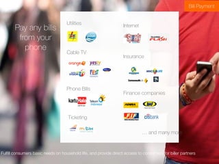 Utilities Internet
Cable TV
Insurance
Phone Bills
… and many more
Ticketing
Pay any bills
from your
phone
Finance companies
Bill Payment
Fulfill consumers basic needs on household life, and provide direct access to consumers for biller partners
 
