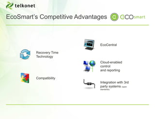 EcoSmart’s Competitive Advantages



                              EcoCentral

         Recovery Time
         Technology
                              Cloud-enabled
                              control
                              and reporting

         Compatibility
                              Integration with 3rd
                              party systems (open
                              standards)
 