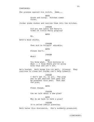 She presses against his crotch. Hmmm...
BETH
Drunk and horny. Kitchen comes
first.
Jordan grabs dishes and carries them into the kitchen.
JORDAN
Did you see Lance and Harry’s
video of little Harry pooping?
BETH
No.
Beth’s mood shifts.
JORDAN
That kid is friggin’ adorable.
BETH
Please don’t.
JORDAN
What?
BETH
You know what. This morning is
what -- I know where you’re going
with this and let’s not.
He’s busted. Beth knows him too well. Silence. They
continue to clean but Jordan can’t help himself.
JORDAN
I don’t get it, is all. The plan
was to get married last year and
be pregnant this year. That was
the plan.
BETH
Plans change.
JORDAN
Can we talk about a new plan?
BETH
Why do we have to have a plan?
JORDAN
It’s called family planning.
Beth hates this discussion. She’s suddenly pressured.
CONTINUED:
(CONTINUED)
32.
 